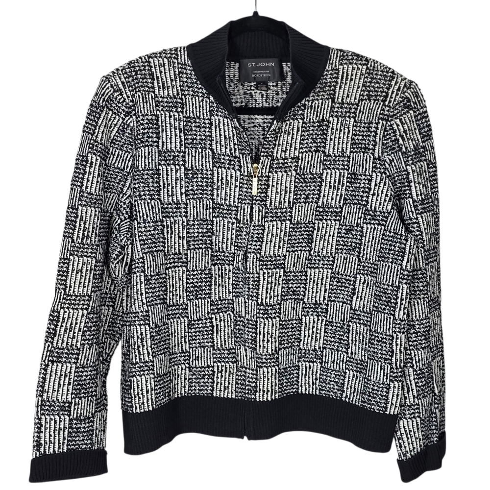 St. John Black and White Patterned Bomber Jacket SZ L
